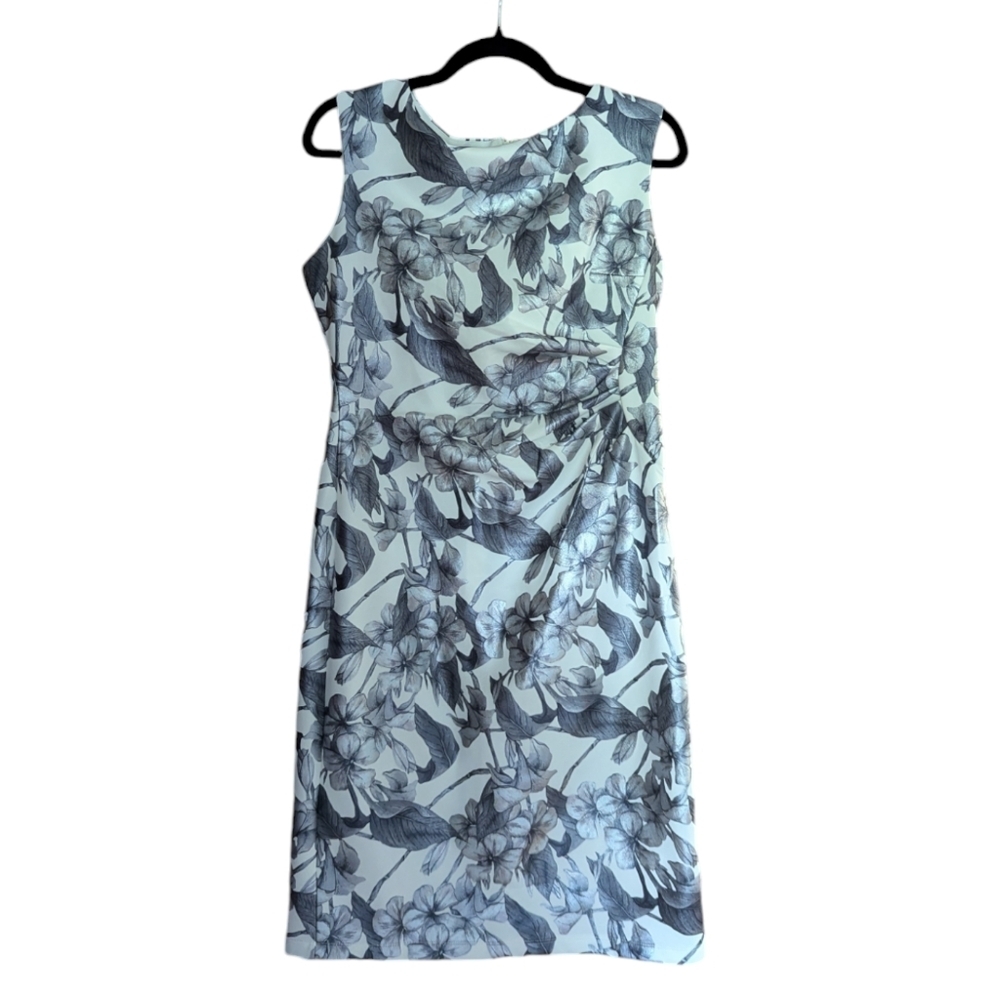 Glamour Sheath Midi Dress Side Ruching Blue Silver Metallic Floral Print Size 8